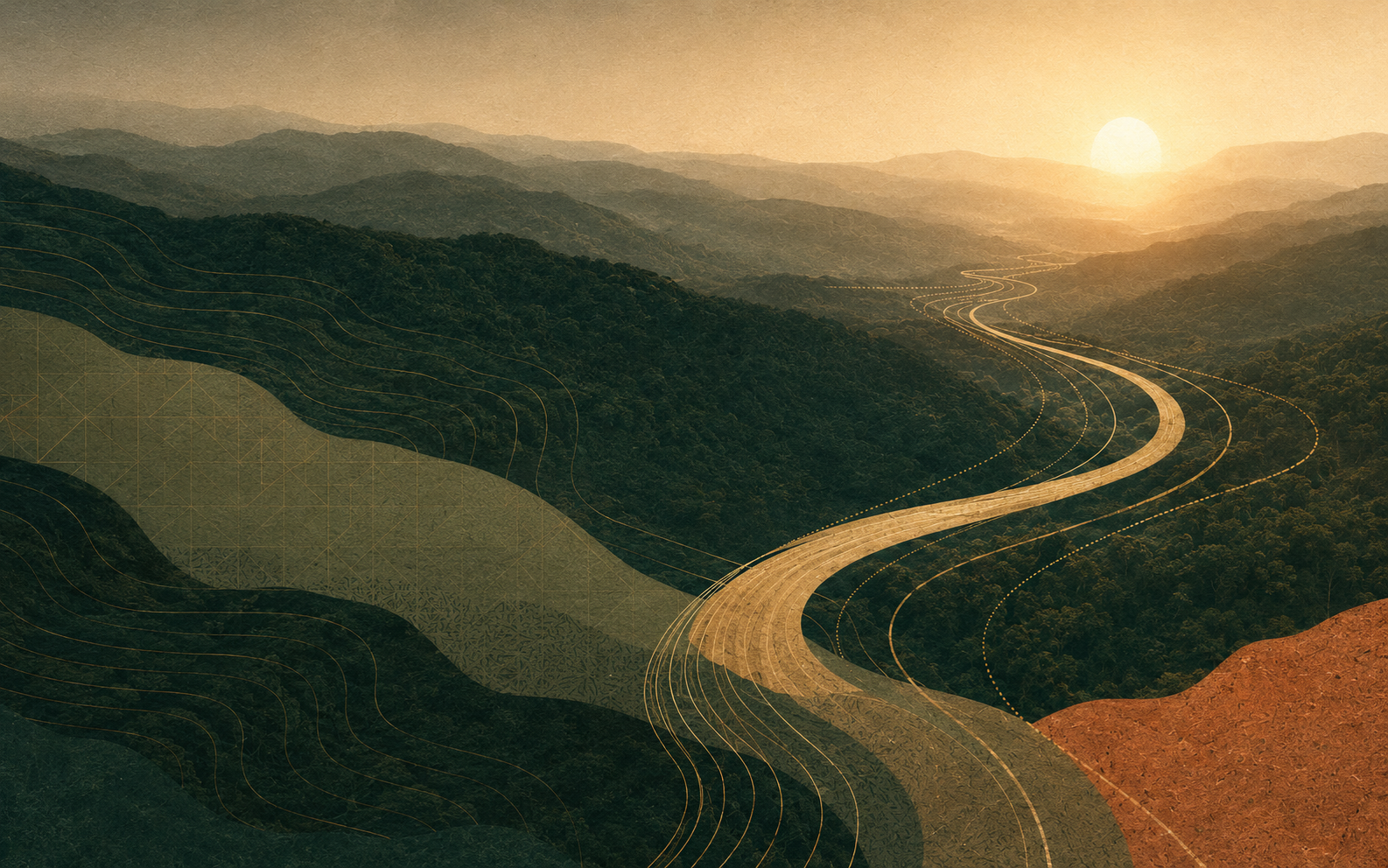Layered African landscape with luminous pathways representing patient capital flowing into the real economy